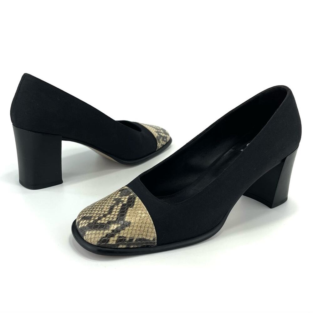 Coca By Maraolo Block Heel Pump Size 8.5 Black Fabric/Snake Print Leather Padded